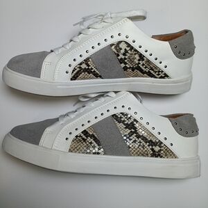 Steve Madden White, Gray & Snake-Print Lace-Up Sneakers with Studs